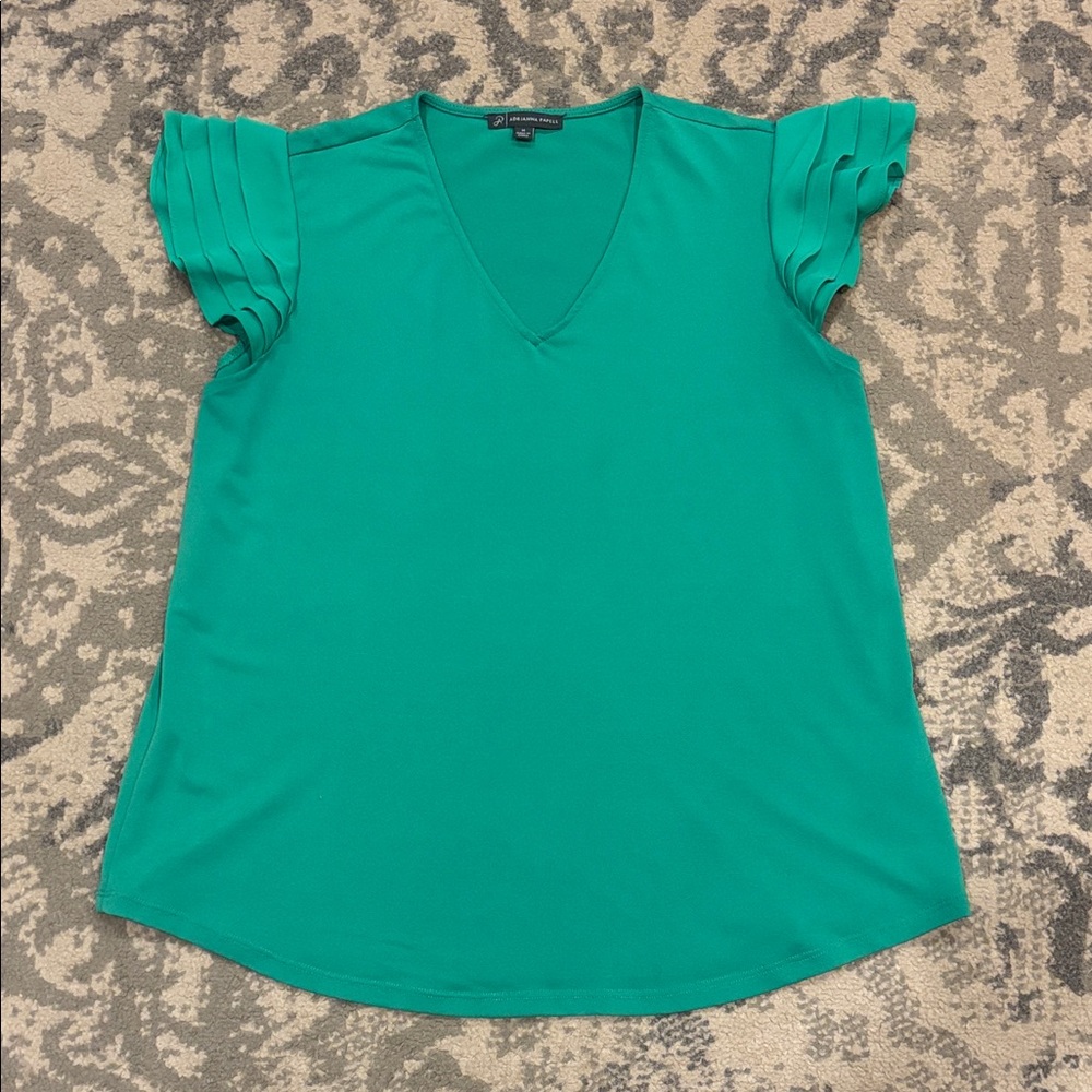 Adrianna Papell Teal V-Neck Blouse with Pleated Sleeves